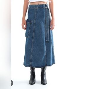 ZARA Denim Cargo Wrap Skirt Utility Pocket and Belt Sz S